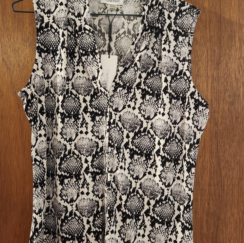 Calvin Klein Sleeveless Blouse Top Black White Gray Size PL V Neck